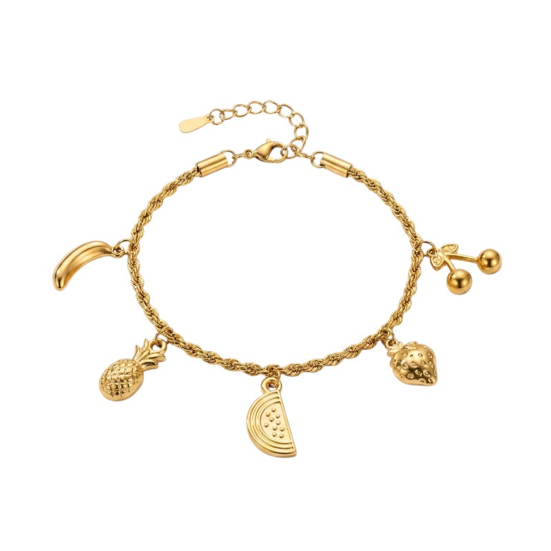 انسيال ذهبي أنيق مصنوع من الستانلس ستيل المقاوم للصدأ، يتميز بسلسلة مجدولة جذابة تزينها دلايات أشكال فواكه مبهجة، مع قفل قابل للتعديل ليناسبكِ. - Image 1